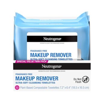 Neutrogena Cleansing Fragrance Free Makeup Remover Face Wipes, Cleansing Facial Towelettes for Waterproof Makeup, Alcohol-Free, Unscented, 100% Plant-Based Fibers, Twin Pack, 2 x 25 ct