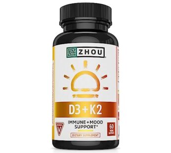 Zhou Nutrition Vitamin D3 K2, Bone and Heart Health Formula 5000 IU Vitamin D3 & 90 mcg Vitamin K2, Max Strength 2 in 1 Immune Support and Calcium Absorption, Gluten Free, 60 Count