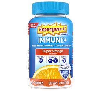 Emergen-C Immune+ Immune Gummies, Vitamin D plus 750 mg Vitamin C, Immune Support Dietary Supplement, Caffeine Free, Gluten Free, Super Orange Flavor – 45 Count