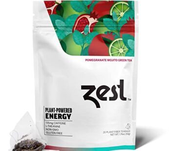 Zest 135mg High Caffeine Energy Leaf Blend – Pomegranate Mojito Green Tea – 20 Pack Bag – All Natural Strong Flavored Healthy Coffee Alternative Highly Caffeinated Substitute – Perfect for Keto