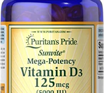 Puritan’s Pride Vitamin D3 Mega Potency 5000 IU Bolsters Immune Health System Support and Healthy Bones & Teeth, Unflovored, 100 Count