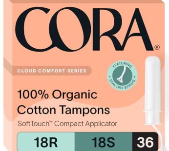 Cora Organic Applicator Tampon Multipack | 18 Regular & 18 Super Absorbency | 100% Organic Cotton, Unscented, BPA-Free Compact Applicator | Leak Protection | Packaging May Vary | 36 Total
