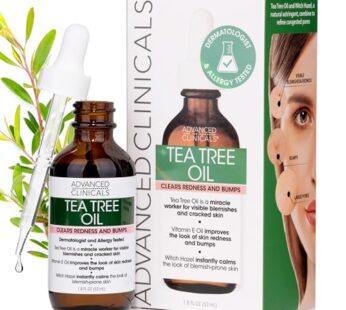 Advanced Clinicals Tea Tree Oil For Skin | Acne Patch Vegan Facial Serum | Targets Redness, Bumps, Acne Scars | Vegan 100% Organic Pure Tea Tree Oil For Face W/Vitamin E & Witch Hazel, 1.8 Fl Oz