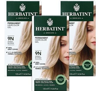 Herbatint Permanent Haircolor Gel, 9N Honey Blonde, Alcohol Free, Vegan, 100% Grey Coverage – 4.56 oz (3 Pack)