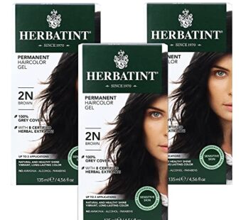 Herbatint Permanent Haircolor Gel, 2N Brown, Alcohol Free, Vegan, 100% Grey Coverage – 4.56 oz (3 Pack)