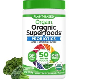 Orgain Organic Greens Powder + 50 Superfoods, Original – 1 Billion Probiotics for Digestive Health, Antioxidants, Vegan, Plant-Based, Gluten-Free, Non-GMO, Green Juice & Smoothie Drink Mix – 0.62lb
