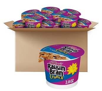 Kellogg’s Raisin Bran Crunch Breakfast Cereal Cups, Fiber Cereal, Made with Real Fruit, Original, 33.6oz Case (12 Cups)