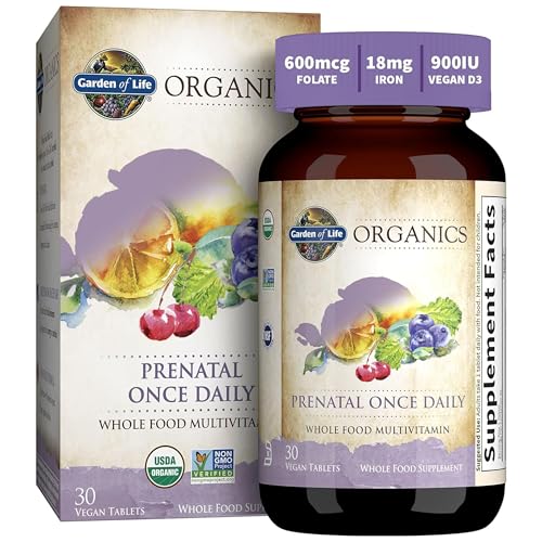 Garden of Life Organics Prenatal Vitamin: Folate for Energy & Healthy Fetal Development, Non-constipating Iron, Vitamin C, B6, B12, D3 ? Organic, Non-GMO, Gluten-Free, Vegan, 30 Day Supply