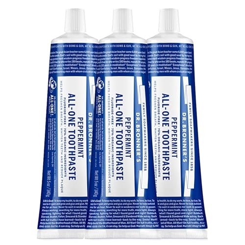 Dr. Bronner?s - All-One Toothpaste (Peppermint, 5 Ounce, 3-Pack) - 70% Organic Ingredients, Natural and Effective, Fluoride-Free, SLS-Free, Helps Freshen Breath, Reduce Plaque, Whiten Teeth, Vegan