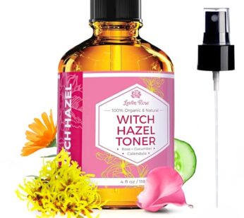 Witch Hazel Alcohol Free Toner by Leven Rose, 100% Pure Organic Facial Rose Water with Rose Petals, Calendula, Cucumber, and Chamomile Flower 4 oz