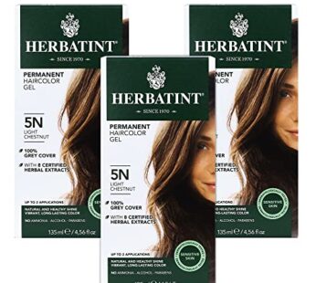 Herbatint Permanent Haircolor Gel, 5N Light Chestnut, Alcohol Free, Vegan, 100% Grey Coverage – 4.56 oz (3 Pack)