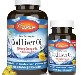 Carlson – Cod Liver Oil Gems, 460 mg Omega-3s, Plus Vitamins A and D3, Wild Caught Norwegian Arctic Cod Liver Oil, Sustainably Sourced Nordic Fish Oil Capsules, Lemon, 150 + 30 Softgels