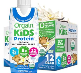 Orgain Organic Kids Nutritional Protein Shake, Vanilla, Healthy Kids Snacks, 8g Dairy Protein, 3g Fiber, 22 Vitamins & Minerals, No Soy ingredients, Gluten Free, Non-GMO, 8.25 Fl Oz (Pack of 12)