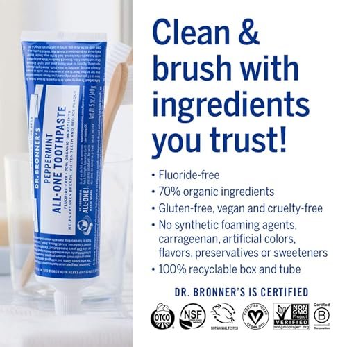 Dr. Bronner?s - All-One Toothpaste (Peppermint, 5 Ounce, 3-Pack) - 70% Organic Ingredients, Natural and Effective, Fluoride-Free, SLS-Free, Helps Freshen Breath, Reduce Plaque, Whiten Teeth, Vegan - Image 5