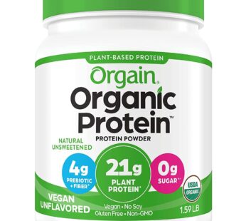 Orgain Organic Vegan Protein Powder, Natural Unsweetened – 21g of Plant Protein, 4g Prebiotic Fiber, Low Net Carbs, No Lactose Ingredients, No Added Sugar, Non-GMO, For Shakes & Smoothies, 1.59 lb