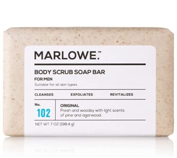MARLOWE. No. 102 Men’s Body Scrub Soap 7 oz, Fresh Original Woodsy Scent, Best Exfoliating Bar for Men, Made with Natural Ingredients, Apricot Seed Powder, Shea Butter, Olive Oil, Green Tea Extracts