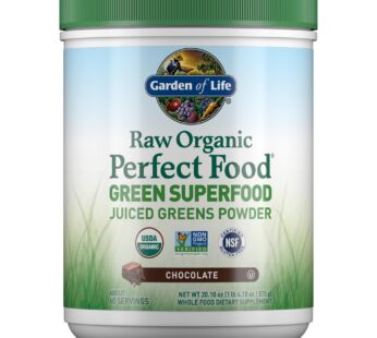 Garden of Life Raw Organic Perfect Food Green Superfood Juiced Greens Powder – Chocolate, 60 Servings, Non-GMO, Gluten Free, Vegan Whole Food Dietary Supplement, Plus Probiotics, Enzymes