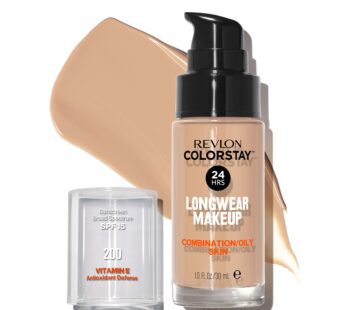Revlon Liquid Foundation, ColorStay Face Makeup for Combination & Oily Skin, SPF 15, Longwear Medium-Full Coverage with Matte Finish, Nude (200), 1.0 Oz