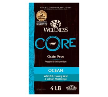 Wellness CORE Grain-Free High-Protein Dry Dog Food, Natural Ingredients, Made in USA with Real Meat, All Breeds, For Adult Dogs (Ocean Whitefish, Herring & Salmon, 4-Pound Bag)