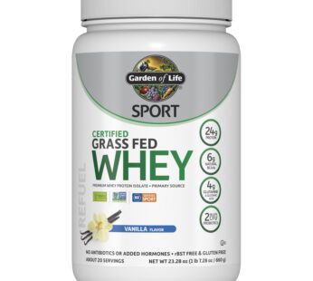 Garden of Life SPORT Whey Protein Powder Vanilla., Premium Grass Fed Whey Protein Isolate plus Probiotics for Immune System Health, 24g Protein, Non GMO, Gluten Free., Cold Processed – 20 Servings