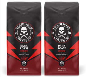 Death Wish Coffee Dark Roast Grounds -16 Oz, 2 Packs of Bold & Intense Blend of Arabica & Robusta Beans – USDA Organic Ground Coffee – Double Caffeine for Daily Lift