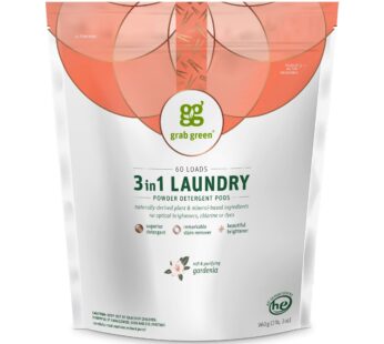 Grab Green 3-in-1 Laundry Detergent Pods, 60 Count, Gardenia Scent, Plant and Mineral Based, Superior Cleaning Power, Stain Remover, Brightens Clothes