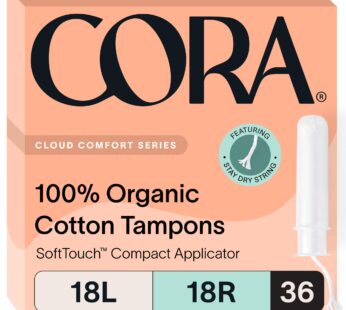 Cora Organic Applicator Tampon Multipack | 18 Light & 18 Regular Absorbency | 100% Organic Cotton, Unscented, BPA-Free Compact Applicator | Leak Protection | Packaging May Vary | 36 Total