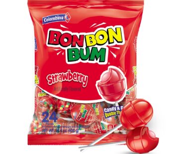 Colombina Bon Bon Bum Lollipops w/Bubble Gum Center, Strawberry Flavor, Individually Wrapped, Ideal for Party Favors and Gifts, 1 Pack (24 Count)