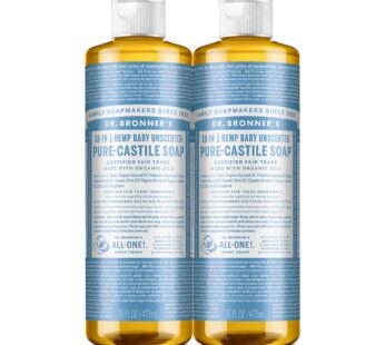 Dr. Bronner’s – Pure-Castile Liquid Soap (Baby Unscented, 16 ounce, 2-Pack) – Made with Organic Oils, 18-in-1 Uses: Face, Hair, Laundry and Dishes, For Sensitive Skin and Babies, No Added Fragrance
