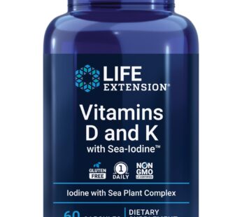 Life Extension Vitamins D and K with Sea-Iodine, vitamin D3, vitamin K1 and K2, iodine, supports immune, bone, arterial and thyroid health, non-GMO, gluten-free, 60 capsules