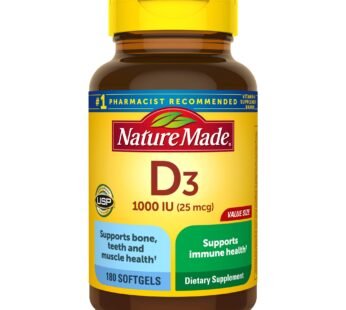 Nature Made Vitamin D3 1000 IU (25 mcg), Dietary Supplement for Bone, Teeth, Muscle and Immune Health Support, 180 Softgels, 180 Day Supply