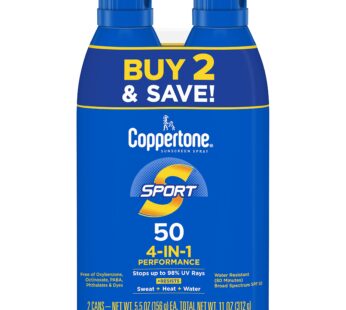 Coppertone Sport Sunscreen Spray SPF 50, Water Resistant Spray Sunscreen, Broad Spectrum SPF 50 Sunscreen, Bulk Sunscreen Pack, 5.5 Oz Bottle, Pack of 2