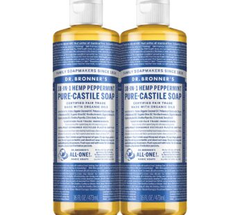 Dr. Bronner’s – Pure-Castile Liquid Soap (Peppermint, 16 ounce, 2-Pack) – Made with Organic Oils, 18-in-1 Uses: Face, Body, Hair, Laundry, Pets and Dishes, Concentrated, Vegan, Non-GMO