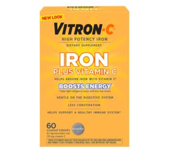 Vitron-C Iron Supplement, Once Daily, High Potency Iron Plus Vitamin C, Supports Red Blood Cell Production, Dye Free Tablets, 60 Count