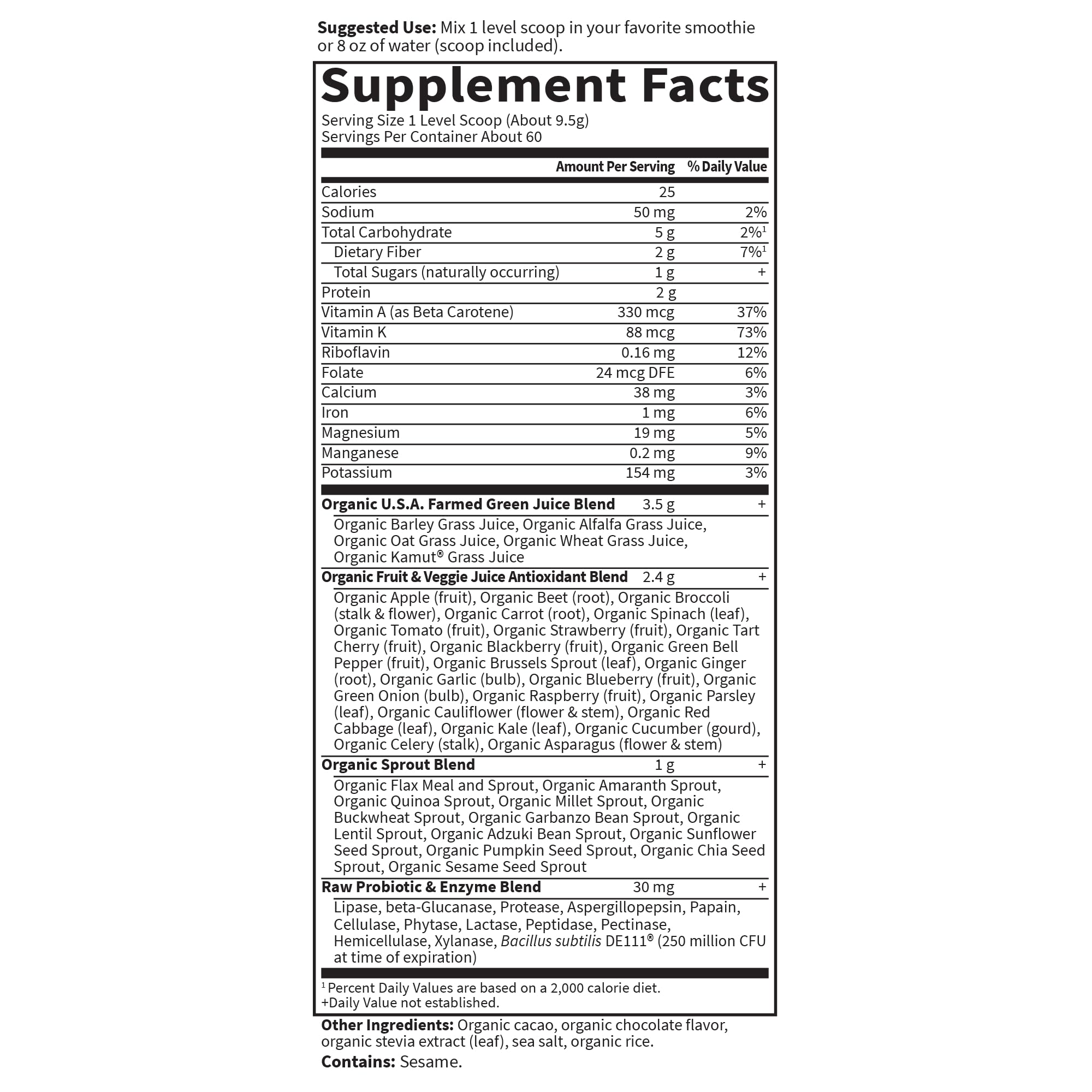 Garden of Life Raw Organic Perfect Food Green Superfood Juiced Greens Powder - Chocolate, 60 Servings, Non-GMO, Gluten Free, Vegan Whole Food Dietary Supplement, Plus Probiotics, Enzymes - Image 5