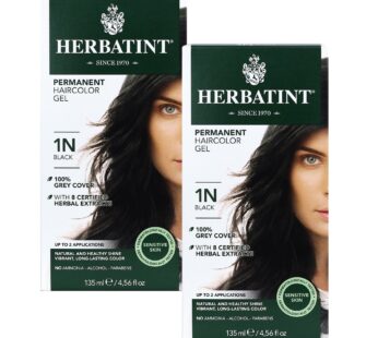 Herbatint Permanent Haircolor Gel, 1N Black, Alcohol Free, Vegan, 100% Grey Coverage – 4.56 oz (2 Pack)