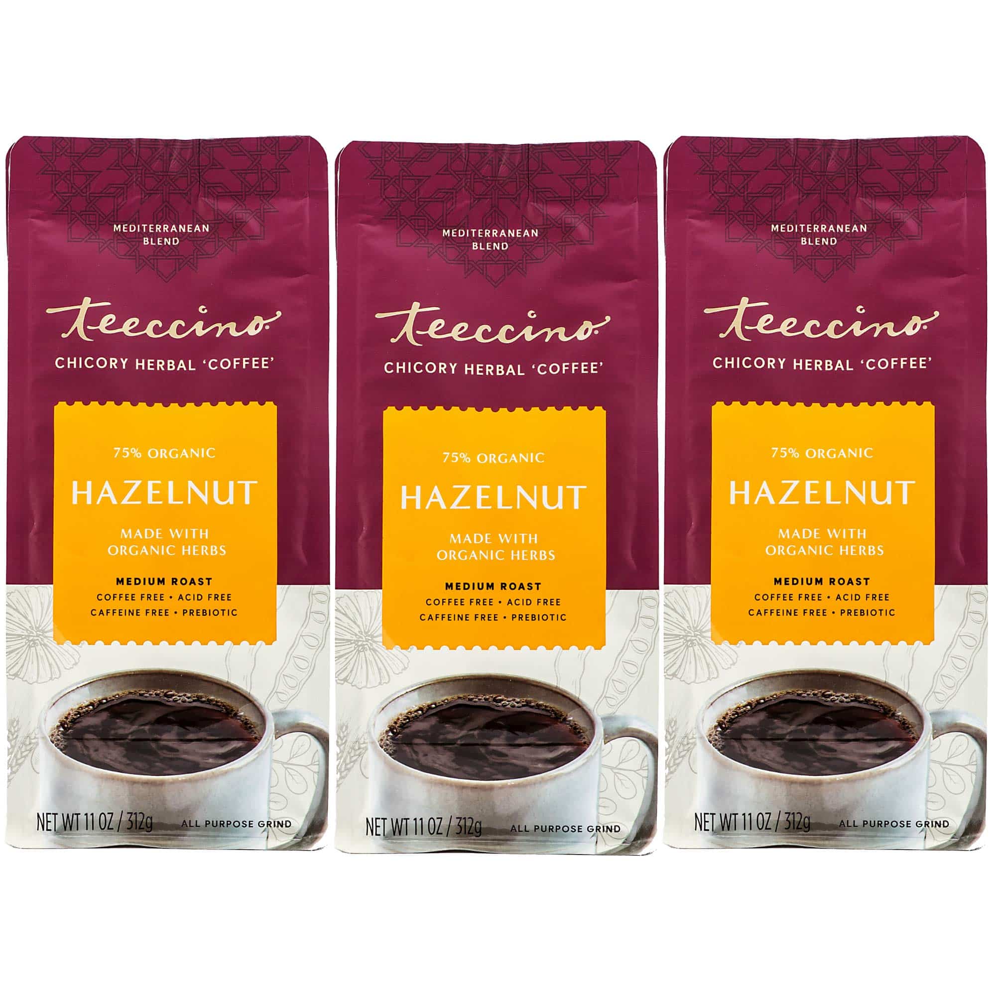 Teeccino Hazelnut Chicory Coffee Alternative - Ground Herbal Coffee That?s Prebiotic, Caffeine Free & Acid Free, Medium Roast, 11 Ounce (Pack of 3)