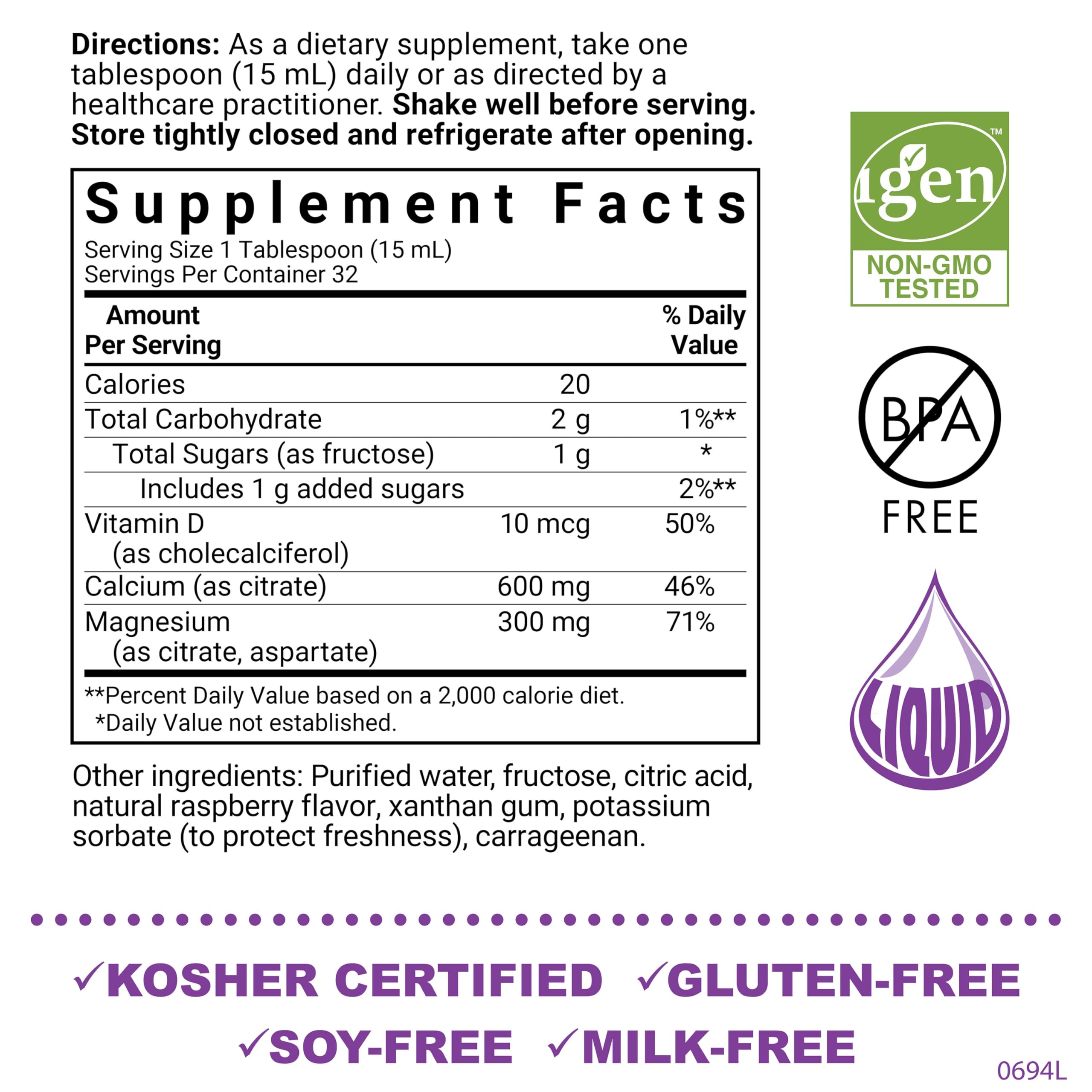 Bluebonnet Bluebonnet Nutrition Liquid Calcium Citrate Magnesium Citrate, Vitamin D3, Bone Health, Gluten Free, Soy free, milk free, kosher, 32 Servings, Raspberry Flavor, 16 Fl Oz (Pack of 1) - Image 2