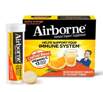 Airborne 1000mg Vitamin C with Zinc, SUGAR FREE Effervescent Tablets, Immune Support Supplement with Powerful Antioxidants Vitamins A C & E – 30 Fizzy Drink Tablets, Zesty Orange Flavor