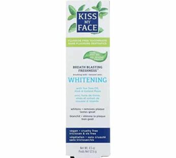 Kiss My Face Super White Cool Mint Gel Toothpaste, SLS And Fluoride Free, Removes Plaque And Prevents Tartar, With Added Tea Tree Oil, Aloe And Iceland Moss, 4.5 Oz