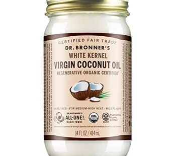 Dr. Bronner’s – Organic Virgin Coconut Oil (White Kernel, 14 ounce) – Coconut Oil for Cooking, Baking, Hair & Body, Unrefined & Fresh-Pressed, Mild Flavor, Versatile, Fair Trade, Vegan, Non-GMO