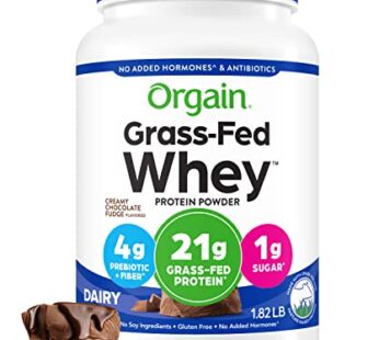 Orgain Whey Protein Powder, Creamy Chocolate Fudge – 21g Grass Fed Dairy Protein, 5g BCAAs, 4g Prebiotic Fiber, No Sugar Added, No Added Hormones, Gluten Free, Kosher, For Shakes & Smoothies – 1.82lb