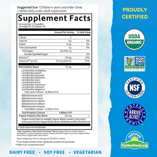 Garden of Life Dr. Formulated Probiotics for Kids, Organic Kids+ - Berry Cherry, 5 Billion CFU Chewable Probiotic Plus Vitamin C and D, Dairy Free Immune Digestive Health Supplement, 30 Chewables - Image 2