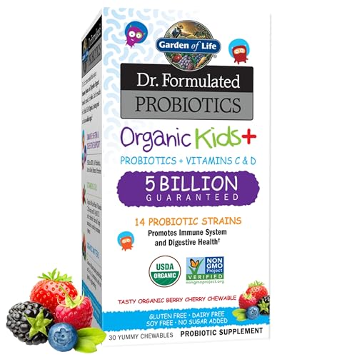 Garden of Life Dr. Formulated Probiotics for Kids, Organic Kids+ - Berry Cherry, 5 Billion CFU Chewable Probiotic Plus Vitamin C and D, Dairy Free Immune Digestive Health Supplement, 30 Chewables