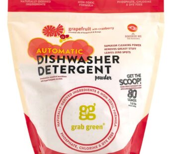 Grab Green Automatic Dishwashing Detergent Powder 3.17 lbs, 80 Loads, Grapefruit Cranberry Scent, Plant and Mineral Based, Superior Cleaning, Powerful Grease Removal, Brilliant Shine