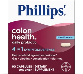 Phillips’ Colon Health Daily Probiotic Capsules, 4-in-1 Symptom Defense to Help Defend Against Occasional Gas, Bloating, Constipation, and Diarrhea, Daily Supplement, 90 Count