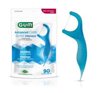 GUM Advanced Care Floss Picks – Dental Flossers for Adults with Vitamin E and Fluoride – Extra Strong Shred-Resistant Dental Floss, Easy Grip Handle, Fresh Mint Flavor, 90 ct