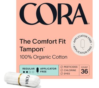 Cora 100% Organic Cotton Non-Applicator Tampons | Ultra-Absorbent, Unscented, Natural, Non-Toxic, Applicator Free | Eco-Conscious (36 Tampons)