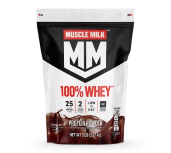Muscle Milk 100% Whey Protein Powder, Chocolate, 5 Pound, 66 Servings, 25g Protein, 2g Sugar, Low in Fat, NSF Certified for Sport, Energizing Snack, Workout Recovery, Packaging May Vary