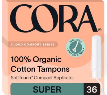 Cora Organic Applicator Tampons | Super Absorbency | 100% Organic Cotton, Unscented, BPA-Free Compact Applicator | Leak Protection, Easy Insertion | Packaging May Vary | 36 Total